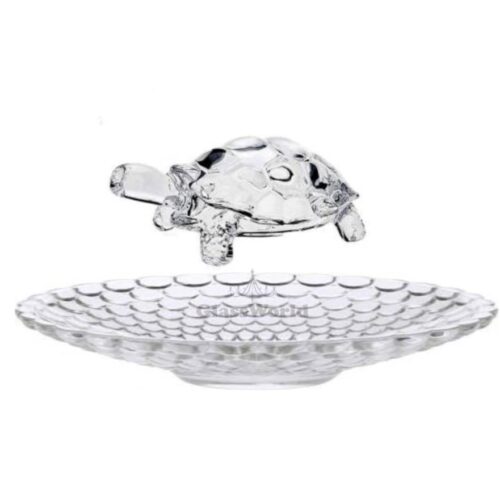 GlassWorld Big Size 24cm Vastu Feng Shui Crystal Glass Tray with Big Turtle Tortoise for Good Luck for Office Home