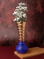 GlassWorld Glass HandCrafted Gold and Blue Spiral Design Flower Vase - 11 inches height
