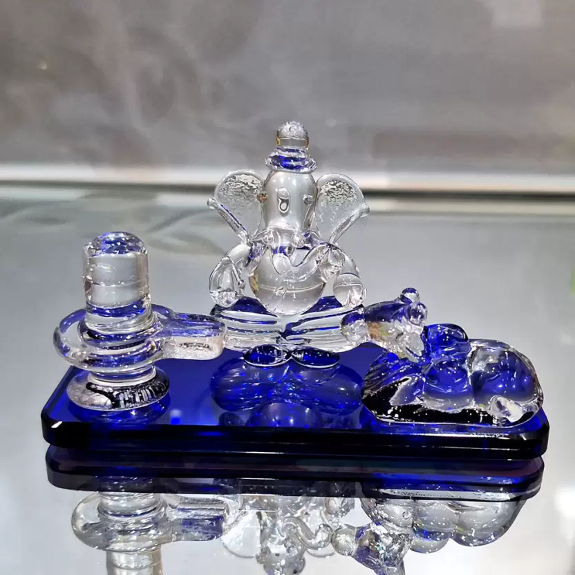 GlassWorld Glass Handicraft Lord Shiv Nandi Ganesh Glass Statue Decorative Showpiece - 7 cm - Assorted colors - Image 1