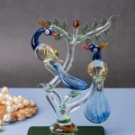 GlassWorld Glass Handicraft Pair of Blue Peacocks on a Tree Colorful Glass showpiece