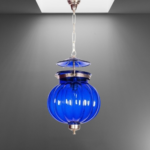 GlassWorld Kharbooja Dark Blue Brass Glass 40W Hanging Lamp
