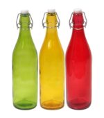 GlassWorld Premium Plain Colored Bottle Airtight & Leak Proof Swing Cap Glass Bottle with Stopper for Beverages Oil Soda Beer Juice Kombucha Milk, 1000ml Fridge Water Bottles
